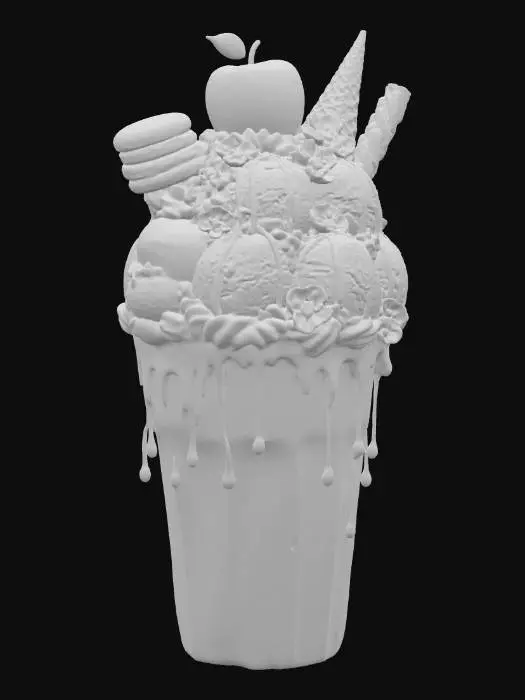 3D model for A fantastical, ultra-realistic thickshake in an enchanted, iridescent frosted glass, overflowing with shimmering pastel-colored shakes. Topped with whipped cream swirling like clouds, ten scoops of otherworldly ice cream in flavors like enchanted berry, stardust vanilla, and moonlit chocolate. Drizzled with sparkling rainbow syrup, glowing caramel, and minty golden nectar. Piled with magical toppings: crystallized fairy fruit, edible glittering flowers, rainbow macarons, whimsical chocolate butterflies, and cotton candy wisps. A crystal-encrusted waffle cone, rainbow meringue spikes, and a floating caramel apple. Soft glowing light, soft condensation on the glass, and a soft ethereal mist — a dream-like, edible fantasy that’s as delicious as it is magical! #food#