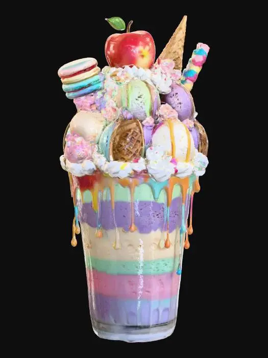 3D model for A fantastical, ultra-realistic thickshake in an enchanted, iridescent frosted glass, overflowing with shimmering pastel-colored shakes. Topped with whipped cream swirling like clouds, ten scoops of otherworldly ice cream in flavors like enchanted berry, stardust vanilla, and moonlit chocolate. Drizzled with sparkling rainbow syrup, glowing caramel, and minty golden nectar. Piled with magical toppings: crystallized fairy fruit, edible glittering flowers, rainbow macarons, whimsical chocolate butterflies, and cotton candy wisps. A crystal-encrusted waffle cone, rainbow meringue spikes, and a floating caramel apple. Soft glowing light, soft condensation on the glass, and a soft ethereal mist — a dream-like, edible fantasy that’s as delicious as it is magical! #food#