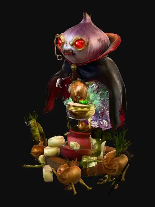 3D model for A bizarre and menacing villain named ‘Count Malodorous’ — a floating, sentient onion in a gothic velvet cape, with glowing red eyes and a monocle. He commands an army of mutant vegetables and spreads chaos by unleashing waves of unbearable stench across cities. His evil throne is a golden toilet atop a pile of expired cheese wheels. The scene is darkly comedic, set in a foggy, Tim Burton-esque world with twisted architecture, grotesque humor, and dramatic lighting., #villain#
