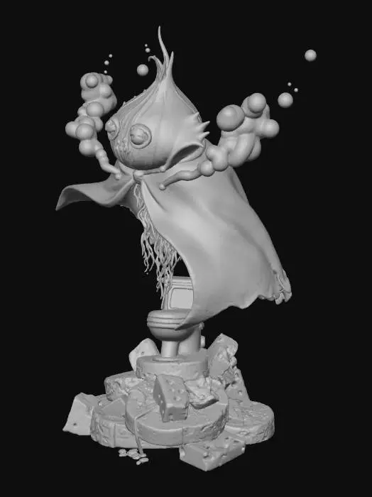 3D model for A bizarre and menacing villain named ‘Count Malodorous’ — a floating, sentient onion in a gothic velvet cape, with glowing red eyes and a monocle. He commands an army of mutant vegetables and spreads chaos by unleashing waves of unbearable stench across cities. His evil throne is a golden toilet atop a pile of expired cheese wheels. The scene is darkly comedic, set in a foggy, Tim Burton-esque world with twisted architecture, grotesque humor, and dramatic lighting., #villain#