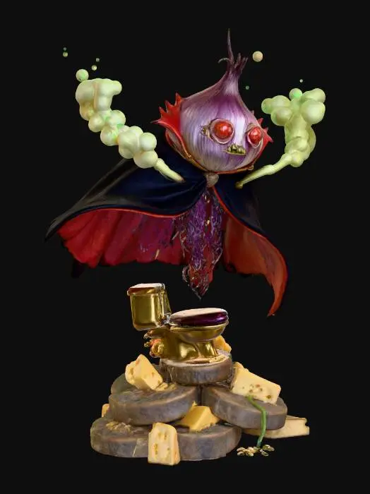 3D model for A bizarre and menacing villain named ‘Count Malodorous’ — a floating, sentient onion in a gothic velvet cape, with glowing red eyes and a monocle. He commands an army of mutant vegetables and spreads chaos by unleashing waves of unbearable stench across cities. His evil throne is a golden toilet atop a pile of expired cheese wheels. The scene is darkly comedic, set in a foggy, Tim Burton-esque world with twisted architecture, grotesque humor, and dramatic lighting., #villain#