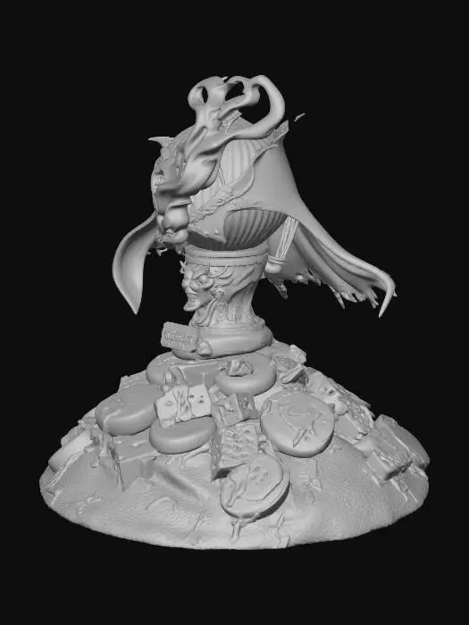 3D model for A bizarre and menacing villain named ‘Count Malodorous’ — a floating, sentient onion in a gothic velvet cape, with glowing red eyes and a monocle. He commands an army of mutant vegetables and spreads chaos by unleashing waves of unbearable stench across cities. His evil throne is a golden toilet atop a pile of expired cheese wheels. The scene is darkly comedic, set in a foggy, Tim Burton-esque world with twisted architecture, grotesque humor, and dramatic lighting., #villain#