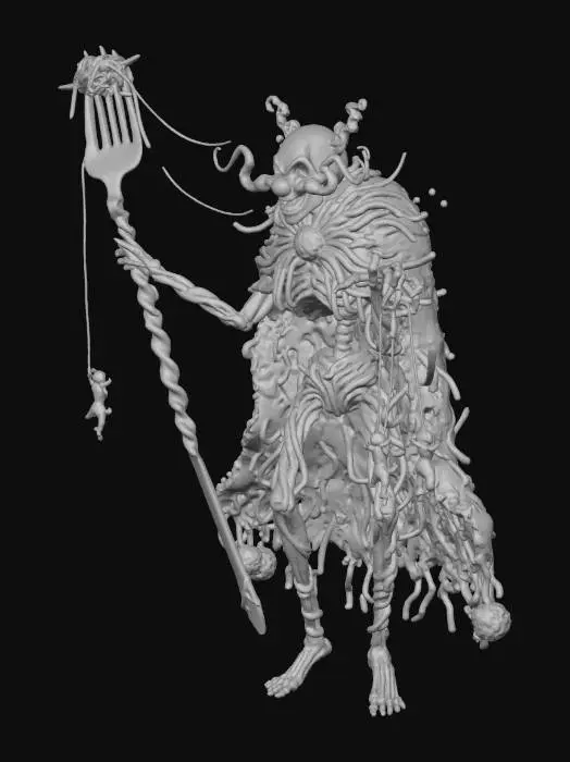 3D model for An absurdly evil villain named ‘Lord Noodlegrip’ — a towering, skeletal figure with noodle-like limbs, wearing an extravagant, shredded cape made of spaghetti. His face is a twisted mixture of a clown and a spoiled aristocrat, with a constantly twitching mustache and glowing red eyebrows. He wields a giant, overcooked spaghetti fork that can control people’s movements like marionettes. His lair is a giant, floating meatball in space, where gravity is all messed up and pasta rains from the sky. The scene is chaotic, ridiculous, and filled with oddly humorous terror., #villain#