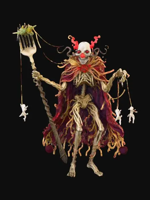 3D model for An absurdly evil villain named ‘Lord Noodlegrip’ — a towering, skeletal figure with noodle-like limbs, wearing an extravagant, shredded cape made of spaghetti. His face is a twisted mixture of a clown and a spoiled aristocrat, with a constantly twitching mustache and glowing red eyebrows. He wields a giant, overcooked spaghetti fork that can control people’s movements like marionettes. His lair is a giant, floating meatball in space, where gravity is all messed up and pasta rains from the sky. The scene is chaotic, ridiculous, and filled with oddly humorous terror., #villain#
