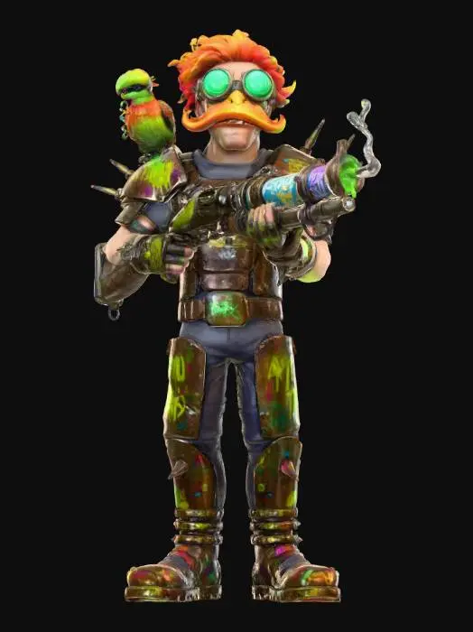 3D model for An eccentric, chaotic villain named ‘Captain Zest’ — a crazed, gun-toting desert pirate with a shiny golden mustache and a mechanical parrot on his shoulder that spits acid. His battle armor is a mishmash of scrap metal, neon graffiti, and oversized tech goggles that blink constantly. He wields a massive, absurdly oversized shotgun that shoots glittery acid rain. His lair is a half-sunken, rusted pirate ship in the middle of a toxic wasteland, surrounded by janky, sentient sand dunes that he commands. The scene is a colorful, gritty, and chaotic world where humor and destruction collide., #villain#