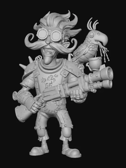 3D model for An eccentric, chaotic villain named ‘Captain Zest’ — a crazed, gun-toting desert pirate with a shiny golden mustache and a mechanical parrot on his shoulder that spits acid. His battle armor is a mishmash of scrap metal, neon graffiti, and oversized tech goggles that blink constantly. He wields a massive, absurdly oversized shotgun that shoots glittery acid rain. His lair is a half-sunken, rusted pirate ship in the middle of a toxic wasteland, surrounded by janky, sentient sand dunes that he commands. The scene is a colorful, gritty, and chaotic world where humor and destruction collide., #villain#