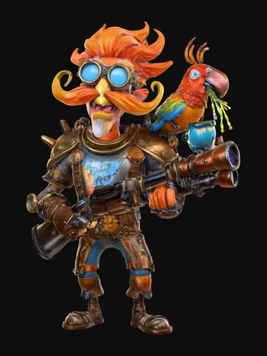 3D model for An eccentric, chaotic villain named ‘Captain Zest’ — a crazed, gun-toting desert pirate with a shiny golden mustache and a mechanical parrot on his shoulder that spits acid. His battle armor is a mishmash of scrap metal, neon graffiti, and oversized tech goggles that blink constantly. He wields a massive, absurdly oversized shotgun that shoots glittery acid rain. His lair is a half-sunken, rusted pirate ship in the middle of a toxic wasteland, surrounded by janky, sentient sand dunes that he commands. The scene is a colorful, gritty, and chaotic world where humor and destruction collide., #villain#