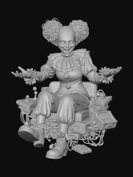 3D model for A cyber-hacker clown with a glitching face and a voice that randomly switches between baby talk and menacing AI. ‘Mistress Gigglebyte’ floats on a hover-chair made of outdated game consoles and controls an army of virus-infected plushies with chainsaw hands. Her main weapon is a pixelated cube that distorts reality around her, causing enemies to hallucinate or dance uncontrollably. Her lair is a rainbow-colored server farm deep underground, lit by flickering arcade machines and guarded by firewalls made of actual fire. Darkly hilarious and visually chaotic, #villain#