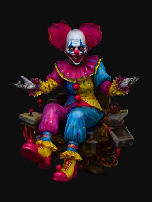 3D model for A cyber-hacker clown with a glitching face and a voice that randomly switches between baby talk and menacing AI. ‘Mistress Gigglebyte’ floats on a hover-chair made of outdated game consoles and controls an army of virus-infected plushies with chainsaw hands. Her main weapon is a pixelated cube that distorts reality around her, causing enemies to hallucinate or dance uncontrollably. Her lair is a rainbow-colored server farm deep underground, lit by flickering arcade machines and guarded by firewalls made of actual fire. Darkly hilarious and visually chaotic, #villain#