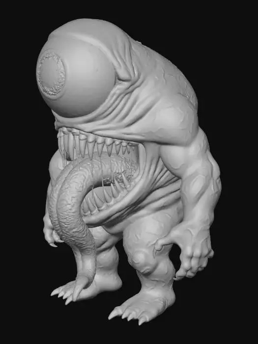 3D model for A monstrous, humanoid creature standing on a stark white background. Its head is replaced by a single massive, bloodshot eye with a vertical slit pupil, twitching and scanning constantly. Below the eye is an enormous, gaping mouth stretching from shoulder to shoulder, filled with uneven, tombstone-like teeth. From the mouth hangs a thick, slimy, muscular tongue dragging on the ground, covered in vein-like ridges and twitching at the tip like a finger. The body is bulky and smooth, made of pale, almost plastic-like flesh with subtle cracks. Its limbs are short and strong, ending in thick, clawed digits. The design is solid and readable — grotesque, iconic, and deeply unsettling., #villain#