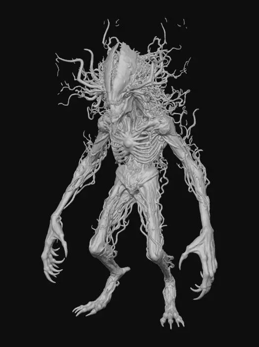 3D model for A grotesque, otherworldly villain standing on a stark white background. Its body is a tangle of translucent sinew and pulsing black veins, with elongated limbs ending in jagged, rusted metal claws. Its head is an asymmetrical mass of exposed bone and writhing tendrils, with a single glowing red eye set in the center of its chest. A gaping mouth stretches sideways across its neck, filled with needle-like teeth. Strange symbols glow faintly on its skin, and it radiates a sickly green mist. Its presence feels wrong, like reality bends slightly around it — a walking nightmare stitched from forgotten fears. , #villain#