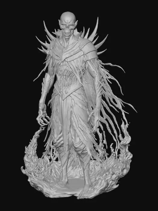 3D model for An extremely evil, corrupted version of Tung Tung Tung Sahur, standing tall against a stark white background. His once regal attire is now tattered and darkened, with jagged metal spikes protruding from his shoulders and a cloak of shredded, shadowy fabric. His face is gaunt, with deep, hollow eyes glowing an eerie green, his pupils like vertical slits. His mouth is stretched unnaturally wide, filled with rows of razor-sharp teeth. Black veins snake across his face and hands, his skin mottled and decayed. His hands end in clawed fingers, and a black, mist-like aura surrounds him, warping the air. His expression is twisted in cruel mockery, as though he revels in eternal torment. His power radiates darkness, every step leaving a trail of decay., #villain#