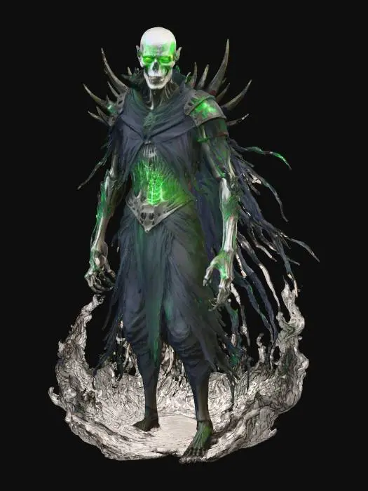 3D model for An extremely evil, corrupted version of Tung Tung Tung Sahur, standing tall against a stark white background. His once regal attire is now tattered and darkened, with jagged metal spikes protruding from his shoulders and a cloak of shredded, shadowy fabric. His face is gaunt, with deep, hollow eyes glowing an eerie green, his pupils like vertical slits. His mouth is stretched unnaturally wide, filled with rows of razor-sharp teeth. Black veins snake across his face and hands, his skin mottled and decayed. His hands end in clawed fingers, and a black, mist-like aura surrounds him, warping the air. His expression is twisted in cruel mockery, as though he revels in eternal torment. His power radiates darkness, every step leaving a trail of decay., #villain#