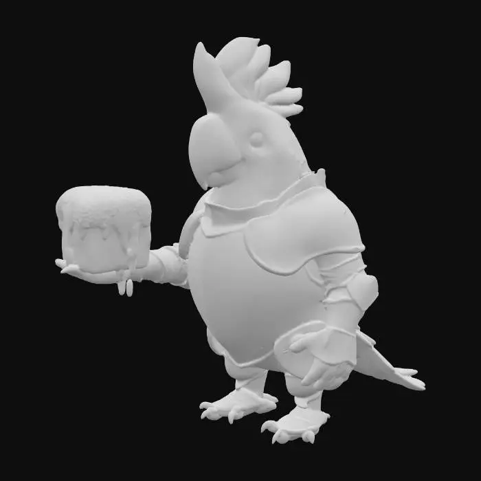 3D model for A majestic cockatoo dressed in fantasy medieval armor, featuring dark, gleaming steel plates with gold accents, intricately designed to fit its sleek, elegant body. The armor covers its chest, wings, and legs, with ornate details and glowing runes etched along the edges. The cockatoo proudly holds a fluffy lamington in one talon, the coconut-covered treat dripping with chocolate. Its feathers puffed up in a regal pose, with soft light highlighting the armor’s reflections and the vibrant contrast between the white feathers and the rich colors of the lamington. The background is pure white, making the armor and treat pop in stunning detail.