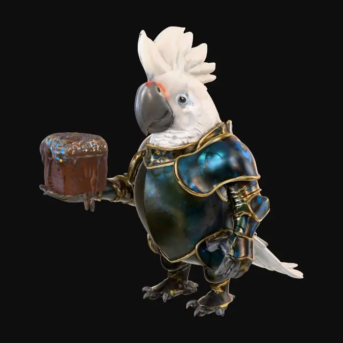 3D model for A majestic cockatoo dressed in fantasy medieval armor, featuring dark, gleaming steel plates with gold accents, intricately designed to fit its sleek, elegant body. The armor covers its chest, wings, and legs, with ornate details and glowing runes etched along the edges. The cockatoo proudly holds a fluffy lamington in one talon, the coconut-covered treat dripping with chocolate. Its feathers puffed up in a regal pose, with soft light highlighting the armor’s reflections and the vibrant contrast between the white feathers and the rich colors of the lamington. The background is pure white, making the armor and treat pop in stunning detail.