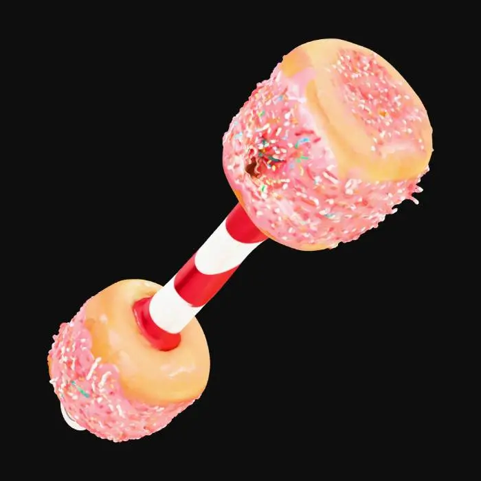 3D model for A giant donut with a sugary glaze, acting as the head of a hammer. The donut is perfectly round, with sprinkles covering the top and a shiny, glossy finish. The handle is a smooth, shiny candy cane, twisted in red and white stripes. The hammer is comically oversized and impractical, with the donut head looking more delicious than menacing. The weapon sits on a white background, with a light reflection to emphasize the glossy texture of the donut and the candy cane handle., #PBR#
