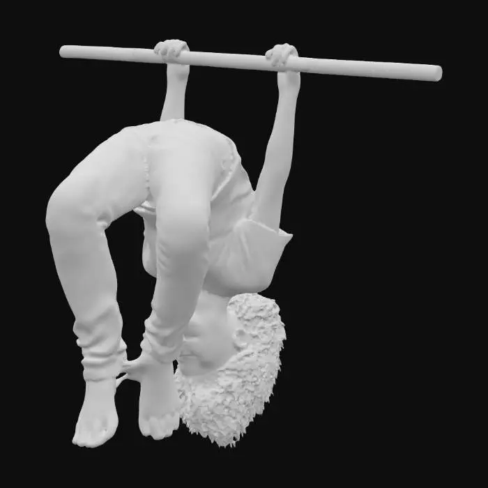 3D model for teenage boy hanging down on a rail, legs hanging down, white background, Ultra Realistic