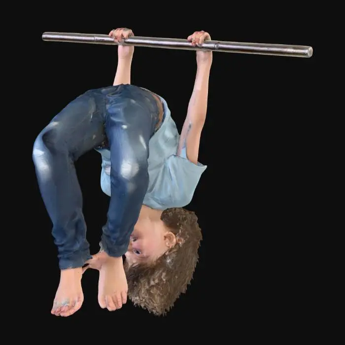 3D model for teenage boy hanging down on a rail, legs hanging down, white background, Ultra Realistic