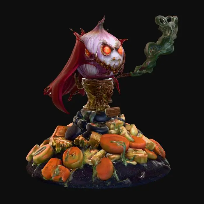 3D model for A bizarre and menacing villain named ‘Count Malodorous’ — a floating, sentient onion in a gothic velvet cape, with glowing red eyes and a monocle. He commands an army of mutant vegetables and spreads chaos by unleashing waves of unbearable stench across cities. His evil throne is a golden toilet atop a pile of expired cheese wheels. The scene is darkly comedic, set in a foggy, Tim Burton-esque world with twisted architecture, grotesque humor, and dramatic lighting., #villain#