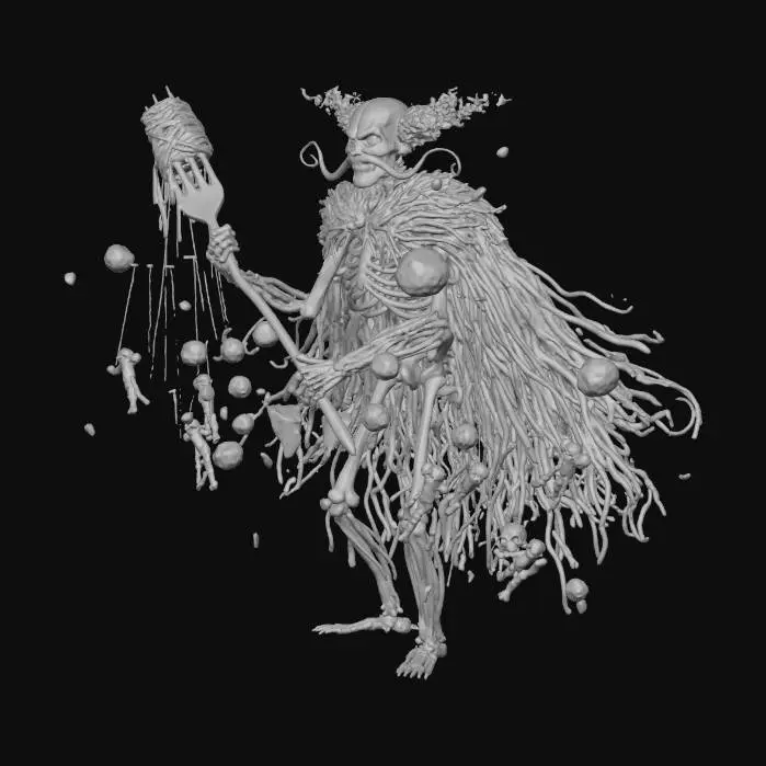 3D model for An absurdly evil villain named ‘Lord Noodlegrip’ — a towering, skeletal figure with noodle-like limbs, wearing an extravagant, shredded cape made of spaghetti. His face is a twisted mixture of a clown and a spoiled aristocrat, with a constantly twitching mustache and glowing red eyebrows. He wields a giant, overcooked spaghetti fork that can control people’s movements like marionettes. His lair is a giant, floating meatball in space, where gravity is all messed up and pasta rains from the sky. The scene is chaotic, ridiculous, and filled with oddly humorous terror., #villain#