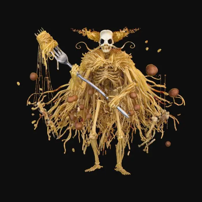 3D model for An absurdly evil villain named ‘Lord Noodlegrip’ — a towering, skeletal figure with noodle-like limbs, wearing an extravagant, shredded cape made of spaghetti. His face is a twisted mixture of a clown and a spoiled aristocrat, with a constantly twitching mustache and glowing red eyebrows. He wields a giant, overcooked spaghetti fork that can control people’s movements like marionettes. His lair is a giant, floating meatball in space, where gravity is all messed up and pasta rains from the sky. The scene is chaotic, ridiculous, and filled with oddly humorous terror., #villain#