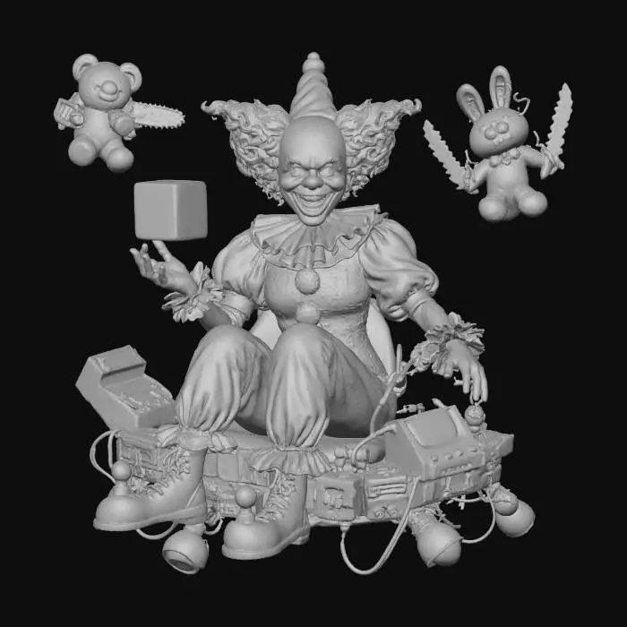 3D model for A cyber-hacker clown with a glitching face and a voice that randomly switches between baby talk and menacing AI. ‘Mistress Gigglebyte’ floats on a hover-chair made of outdated game consoles and controls an army of virus-infected plushies with chainsaw hands. Her main weapon is a pixelated cube that distorts reality around her, causing enemies to hallucinate or dance uncontrollably. Her lair is a rainbow-colored server farm deep underground, lit by flickering arcade machines and guarded by firewalls made of actual fire. Darkly hilarious and visually chaotic, #villain#