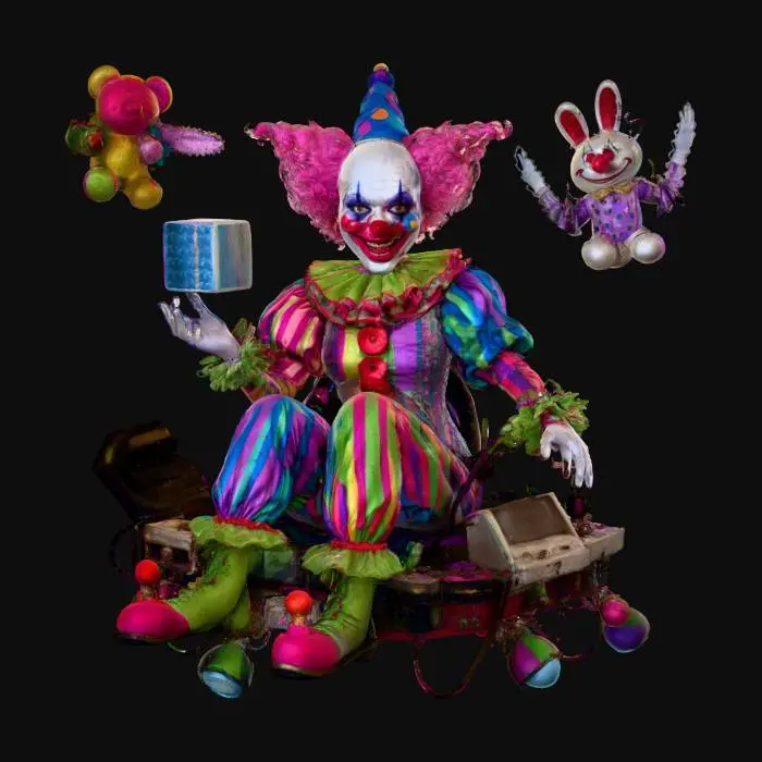 3D model for A cyber-hacker clown with a glitching face and a voice that randomly switches between baby talk and menacing AI. ‘Mistress Gigglebyte’ floats on a hover-chair made of outdated game consoles and controls an army of virus-infected plushies with chainsaw hands. Her main weapon is a pixelated cube that distorts reality around her, causing enemies to hallucinate or dance uncontrollably. Her lair is a rainbow-colored server farm deep underground, lit by flickering arcade machines and guarded by firewalls made of actual fire. Darkly hilarious and visually chaotic, #villain#