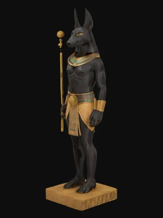 3D model for A highly detailed and symmetrical full-body 3D statue of Anubis, the ancient Egyptian god of the afterlife. He stands tall with a black jackal head, wearing a golden collar and ceremonial shendyt kilt with intricate patterns. His body is muscular and painted with natural skin tones, while his head is sleek and jet black. Anubis holds a was-scepter in one hand and an ankh in the other. His eyes are glowing faintly, and his posture is protective and regal. The statue includes fine gold details, Egyptian motifs, and realistic textures. It stands on a stone pedestal covered in hieroglyphs. Professional, museum-quality rendering with vivid colors and dramatic lighting