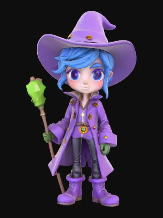 3D model for A Low poly, toon Styled, teen Anime Wizard, blue modern Hair, purple west, leather Boots, #Halloween2025# style