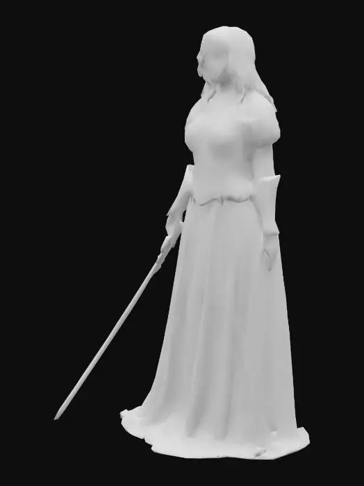 3D model for Do not sexualize the character. Full body. A witch with dark purple long wavy hair and grey skin, in a purple dress with puffy sleeves, wearing an ornate silver heavy armor breastplate, holding a silver sword elegantly. Inspired by Rennala, Queen of the Full Moon. 3D render, octane render, detailed textures