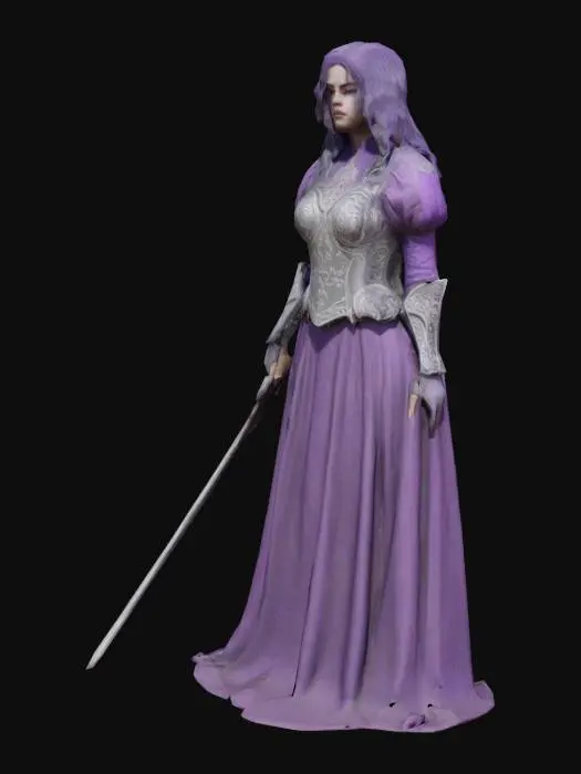 3D model for Do not sexualize the character. Full body. A witch with dark purple long wavy hair and grey skin, in a purple dress with puffy sleeves, wearing an ornate silver heavy armor breastplate, holding a silver sword elegantly. Inspired by Rennala, Queen of the Full Moon. 3D render, octane render, detailed textures