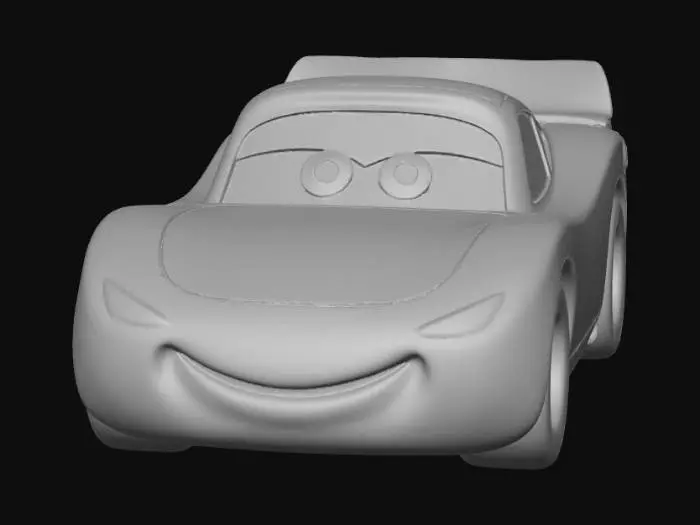 3D model for Isometric view of a handcrafted chunky wooden toy car, stylized interpretation of Lightning McQueen, natural maple wood finish with subtle red stain, smooth sanded surface, geometric forms, eyes painted on the windshield, number 95 on the side door, minimalist Montessori educational toy aesthetics, no small parts, high resolution 3D render, soft global illumination, pastel colors."