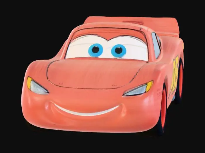 3D model for Isometric view of a handcrafted chunky wooden toy car, stylized interpretation of Lightning McQueen, natural maple wood finish with subtle red stain, smooth sanded surface, geometric forms, eyes painted on the windshield, number 95 on the side door, minimalist Montessori educational toy aesthetics, no small parts, high resolution 3D render, soft global illumination, pastel colors."