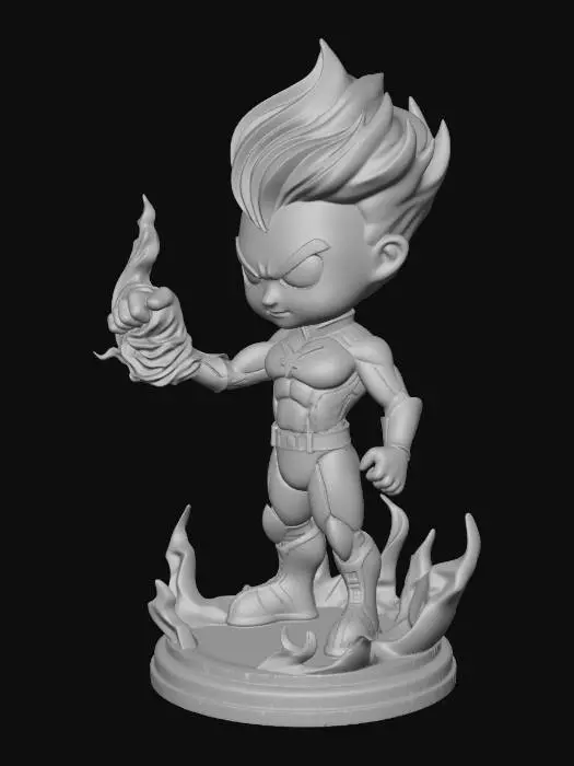 3D model for Create an original stylized baby superhero collectible figurine called 
"Fire Storm Baby – Limited Edition Energy Power Version".

Design:
- Same base proportions as Mini Power Babies series
- Large head (45% height)
- Cute but intense expression
- Flame-shaped hair swirl, thicker and stylized
- Eyes slightly glowing (sculpted detail)

Pose:
- One fist raised upward
- Large swirling flame energy wrapping around arm and partially around body
- Flame connected to base for structural strength

Energy Effect:
- Thick stylized flame shapes
- No thin spikes
- Flame attaches to back and base
- Durable for 3D printing

Outfit:
- Minimalist superhero suit
- Blank chest circle emblem
- Short boots and gloves
- No logos

Base:
- Circular display base
- Energy flames spreading onto base
- Space for se