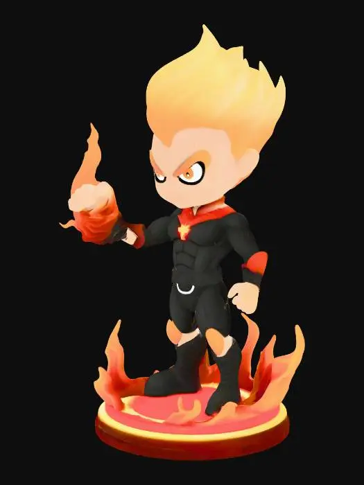 3D model for Create an original stylized baby superhero collectible figurine called 
"Fire Storm Baby – Limited Edition Energy Power Version".

Design:
- Same base proportions as Mini Power Babies series
- Large head (45% height)
- Cute but intense expression
- Flame-shaped hair swirl, thicker and stylized
- Eyes slightly glowing (sculpted detail)

Pose:
- One fist raised upward
- Large swirling flame energy wrapping around arm and partially around body
- Flame connected to base for structural strength

Energy Effect:
- Thick stylized flame shapes
- No thin spikes
- Flame attaches to back and base
- Durable for 3D printing

Outfit:
- Minimalist superhero suit
- Blank chest circle emblem
- Short boots and gloves
- No logos

Base:
- Circular display base
- Energy flames spreading onto base
- Space for se