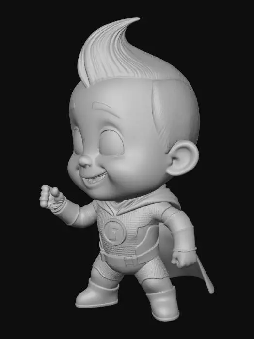 3D model for Jack-Jack Parr from The Incredibles movie, cute baby character, standing in a dynamic action pose, wearing the full red and black super suit with "I" logo, accurate facial features, chubby cheeks, cheerful curious smiling expression, spiky orange hair. Stylized 3D render, Disney Pixar animation style, clean geometry, smooth surfaces, optimized for 3D printing, T-pose or friendly standing pose (for fewer supports), sharp details, professional quality, single mesh character.
