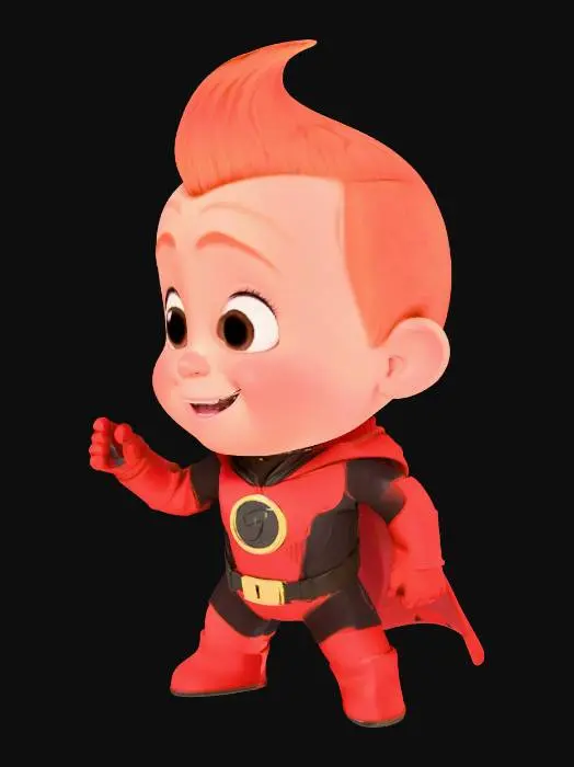 3D model for Jack-Jack Parr from The Incredibles movie, cute baby character, standing in a dynamic action pose, wearing the full red and black super suit with "I" logo, accurate facial features, chubby cheeks, cheerful curious smiling expression, spiky orange hair. Stylized 3D render, Disney Pixar animation style, clean geometry, smooth surfaces, optimized for 3D printing, T-pose or friendly standing pose (for fewer supports), sharp details, professional quality, single mesh character.