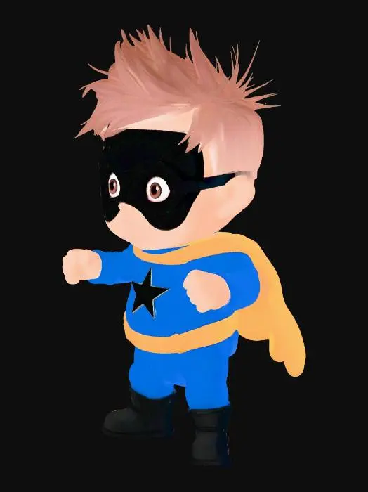 3D model for A cute, chubby baby superhero, stylized 3D cartoon style. He has big expressive eyes, messy spiky hair, and a playful, confident smile. He is wearing a generic, retro-futuristic superhero onesie with NO trademarked logos; instead, it has a simple geometric star shape on the chest. He is wearing a small domino eye mask. Standing in a dynamic but stable heroic pose with thick, flat boots for easy 3D printing. Clean geometry, smooth surfaces, solid single mesh, highly detailed 3D render, adorable toy aesthetic, optimized for FDM printing.