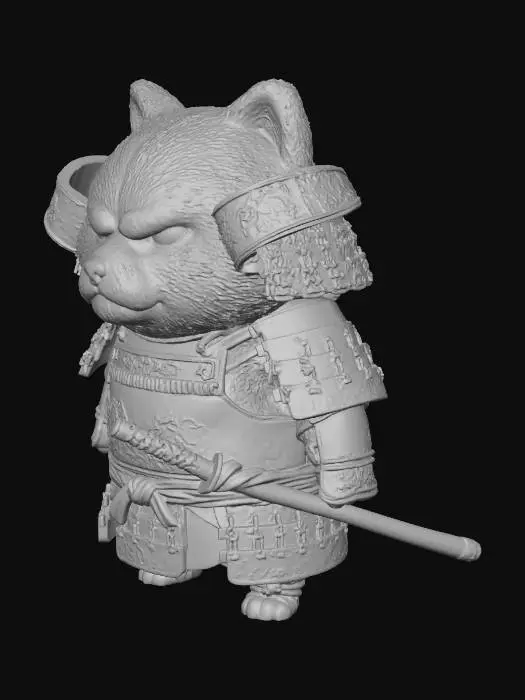3D model for A stylized chibi samurai dog character, inspired by a Shiba Inu, standing upright. Fluffy detailed fur with soft shading and realistic texture. Serious and intense facial expression. Wearing ornate samurai armor with gold engravings, red shoulder guards, layered metal chest plating, cloth waist wrapping, and a sheathed katana strapped at the side. Short body proportions with strong silhouette. Warm neutral studio lighting, high detail PBR textures, clean topology, quad mesh, suitable for animation and close-up rendering.