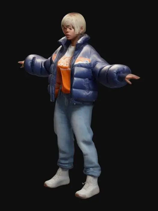 3D model for female, british rapper, open hands, puffer jacket. short hair, unreal engine 5, highest quality, highest resolution, insane detailed, character design, z-brush, v-ray, tpose
