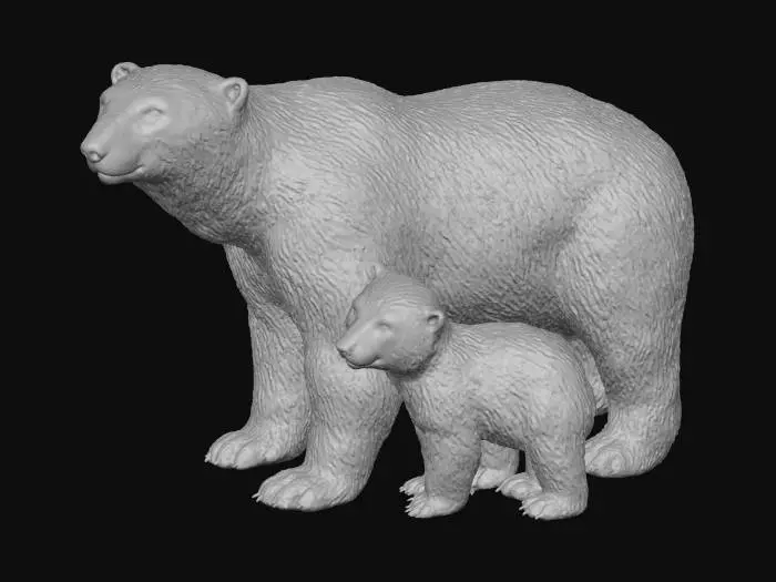 3D model for Create a highly detailed, realistic 3D model of an adult polar bear standing protectively beside its cub. Both animals should have accurate proportions, natural fur texture, and subtle color variations typical of real polar bears. The adult bear should appear strong and calm, with well-defined muscles beneath thick white fur. The cub should be smaller, fluffy, and curious, staying close to the adult. Include detailed facial features, realistic eyes, and natural body posture. Use soft, natural lighting and ensure clean, seamless geometry suitable for animation.”
