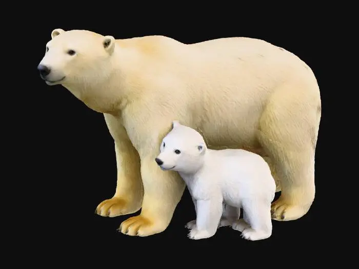 3D model for Create a highly detailed, realistic 3D model of an adult polar bear standing protectively beside its cub. Both animals should have accurate proportions, natural fur texture, and subtle color variations typical of real polar bears. The adult bear should appear strong and calm, with well-defined muscles beneath thick white fur. The cub should be smaller, fluffy, and curious, staying close to the adult. Include detailed facial features, realistic eyes, and natural body posture. Use soft, natural lighting and ensure clean, seamless geometry suitable for animation.”