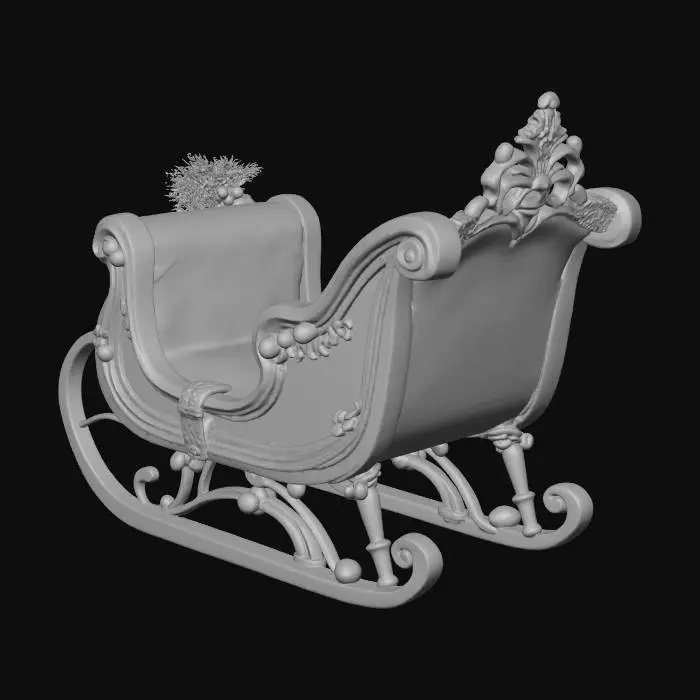 3D model for A highly detailed, realistic 3D model of Santa Claus’s sleigh. Crafted from polished, rich red wood with gold trim, ornate carved patterns, and metal runners with a slightly weathered steel finish. The sleigh should have plush, deep-red velvet seating, soft highlights, and realistic stitching. Include subtle seasonal elements such as small bells, leather straps, and decorative holly. Proportions should be functional and believable, designed to carry gifts. Soft winter lighting, accurate materials, and a physically plausible structure. No Santa or reindeer — sleigh only.