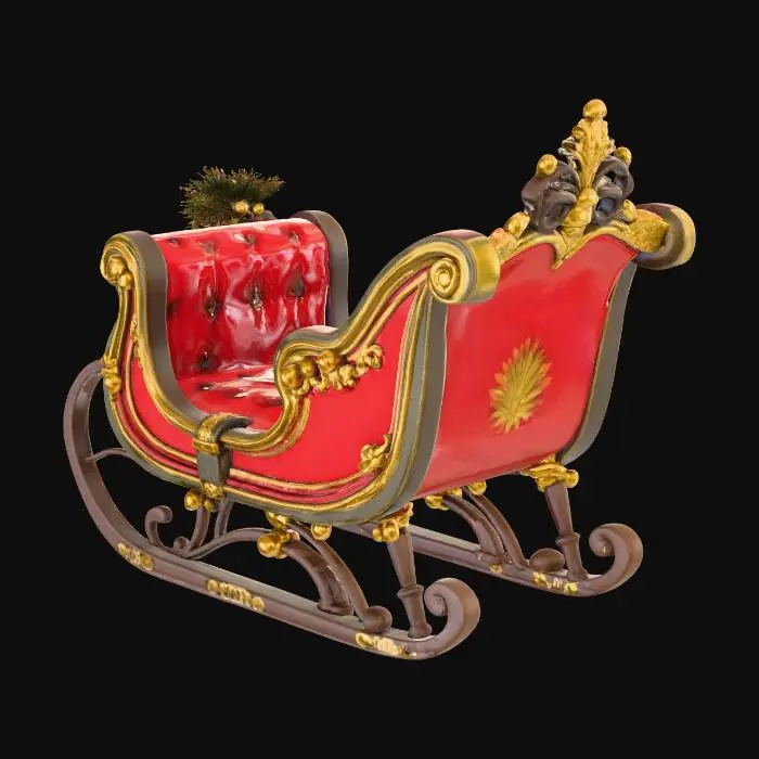 3D model for A highly detailed, realistic 3D model of Santa Claus’s sleigh. Crafted from polished, rich red wood with gold trim, ornate carved patterns, and metal runners with a slightly weathered steel finish. The sleigh should have plush, deep-red velvet seating, soft highlights, and realistic stitching. Include subtle seasonal elements such as small bells, leather straps, and decorative holly. Proportions should be functional and believable, designed to carry gifts. Soft winter lighting, accurate materials, and a physically plausible structure. No Santa or reindeer — sleigh only.