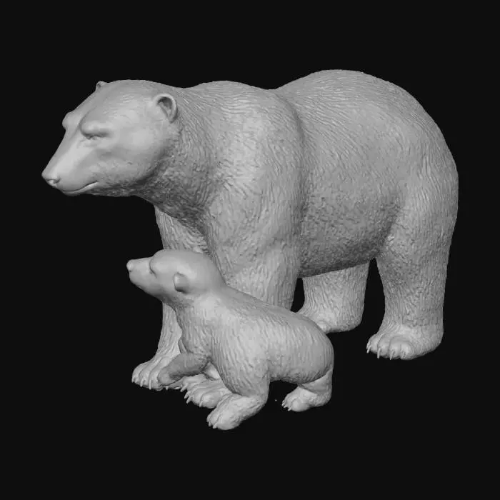 3D model for Create a highly detailed, realistic 3D model of an adult polar bear standing protectively beside its cub. Both animals should have accurate proportions, natural fur texture, and subtle color variations typical of real polar bears. The adult bear should appear strong and calm, with well-defined muscles beneath thick white fur. The cub should be smaller, fluffy, and curious, staying close to the adult. Include detailed facial features, realistic eyes, and natural body posture. Use soft, natural lighting and ensure clean, seamless geometry suitable for animation.”