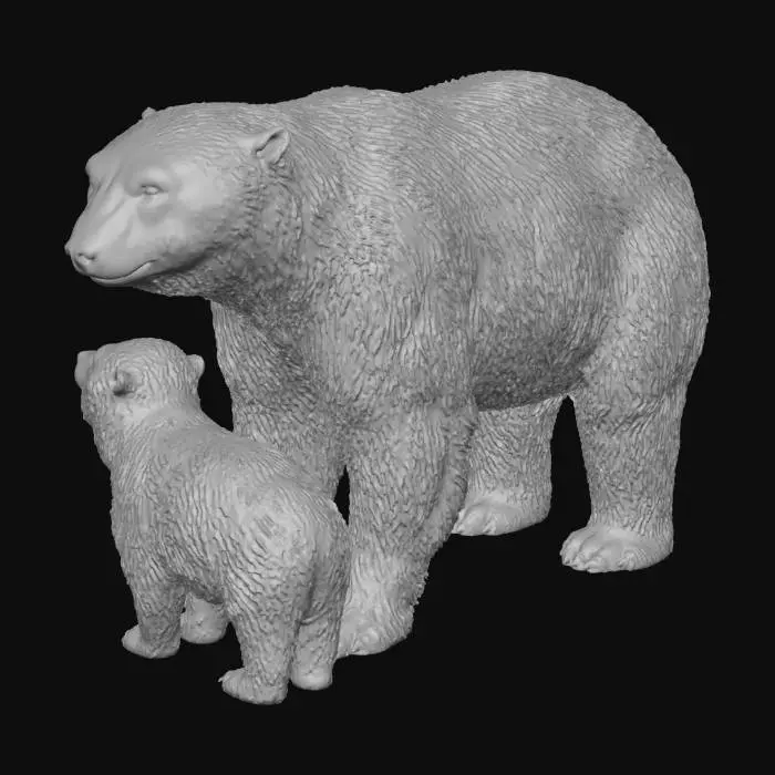 3D model for Create a highly detailed, realistic 3D model of an adult polar bear standing protectively beside its cub. Both animals should have accurate proportions, natural fur texture, and subtle color variations typical of real polar bears. The adult bear should appear strong and calm, with well-defined muscles beneath thick white fur. The cub should be smaller, fluffy, and curious, staying close to the adult. Include detailed facial features, realistic eyes, and natural body posture. Use soft, natural lighting and ensure clean, seamless geometry suitable for animation.”