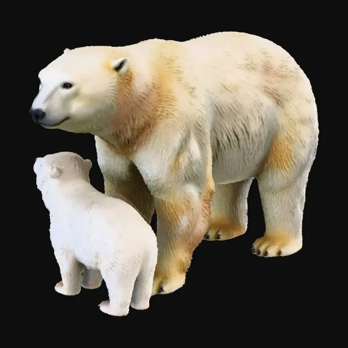 3D model for Create a highly detailed, realistic 3D model of an adult polar bear standing protectively beside its cub. Both animals should have accurate proportions, natural fur texture, and subtle color variations typical of real polar bears. The adult bear should appear strong and calm, with well-defined muscles beneath thick white fur. The cub should be smaller, fluffy, and curious, staying close to the adult. Include detailed facial features, realistic eyes, and natural body posture. Use soft, natural lighting and ensure clean, seamless geometry suitable for animation.”