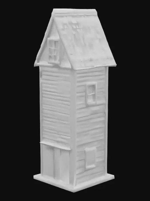 3D model for A single tall, narrow, boxy structure made from dark, weathered wooden planks. The building features a steeply pitched gable roof, with reddish-brown tiles, or with matching dark wood shingles. The horizontal planking on all the walls gives a rustic, aged texture, suggesting a rough, dry, and possibly splintered surface. Their deep brown, almost black, color conveys a sense of history and exposure to the elements. The building is three floors, each with a simple plank door.