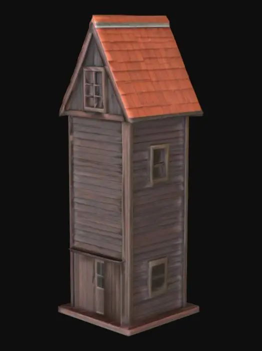 3D model for A single tall, narrow, boxy structure made from dark, weathered wooden planks. The building features a steeply pitched gable roof, with reddish-brown tiles, or with matching dark wood shingles. The horizontal planking on all the walls gives a rustic, aged texture, suggesting a rough, dry, and possibly splintered surface. Their deep brown, almost black, color conveys a sense of history and exposure to the elements. The building is three floors, each with a simple plank door.