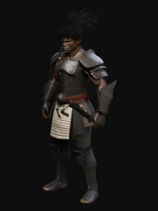 3D model for Create a highly detailed 3D model of Lamar Jackson as a futuristic warrior inspired by Afro Samurai. The character should have a powerful and imposing presence, with a muscular build and a confident stance. He should be dressed in traditional samurai armor with a modern twist, incorporating elements of Afro-futurism. Lamar Alexander should have a distinctive afro hairstyle, with a headband tied around his forehead.  The model should be ultra-realistic